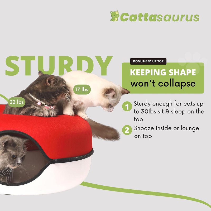 Cattasaurus Peekaboo Cat Cave Donut for Multiple & Large Cats up to 30-45 lbs, 3-in-1 Self Warming Cat Bed, Tunnel & Scratcher for Indoor Cats, Washable & Detachable Dog Bed (Ruby Snowball, Large) - Image 2