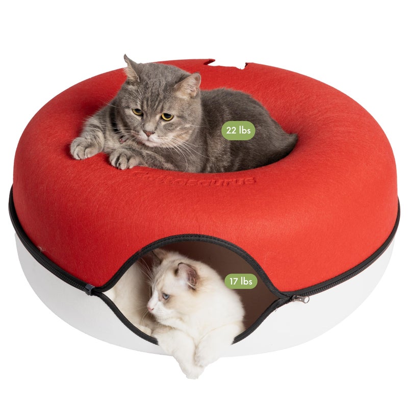 Cattasaurus Peekaboo Cat Cave Donut for Multiple & Large Cats up to 30-45 lbs, 3-in-1 Self Warming Cat Bed, Tunnel & Scratcher for Indoor Cats, Washable & Detachable Dog Bed (Ruby Snowball, Large) - Image 1