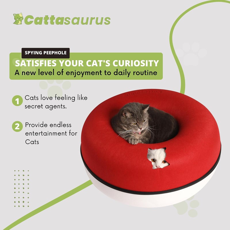 Cattasaurus Peekaboo Cat Cave Donut for Multiple & Large Cats up to 30-45 lbs, 3-in-1 Self Warming Cat Bed, Tunnel & Scratcher for Indoor Cats, Washable & Detachable Dog Bed (Ruby Snowball, Large) - Image 4