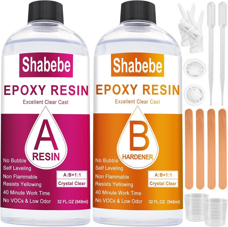 Shabebe Epoxy Resin, 64OZ Epoxy Resin Crystal Clear, Not-Yellowing No-Bubble, Self Leveling Easy-Pour Easy Mix 1:1 Casting Kit & Coating for DIY Jewelry Making, Art Resina Clear Crafts, Molds, River Tables - Image 1