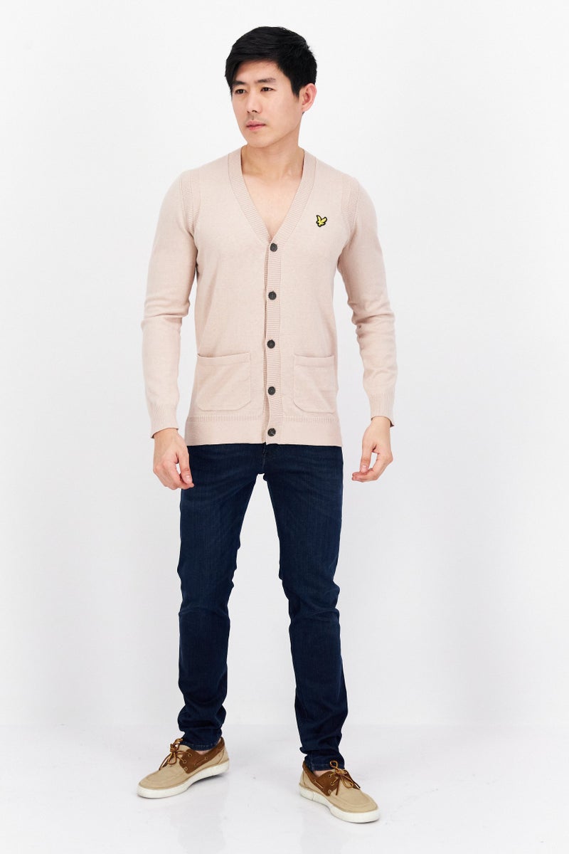 Lyle & Scott Men V-Neck Long Sleeve Embroidered Logo Knitted Cardigan, Beige  - Image 3