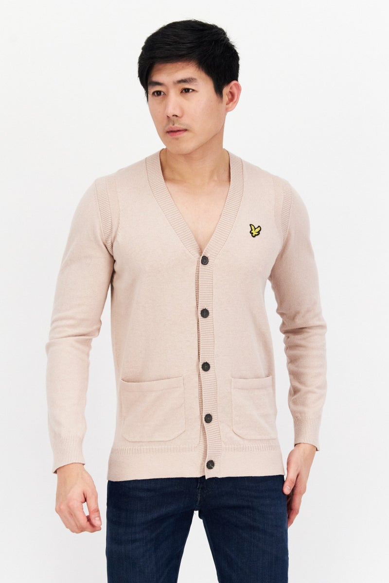 Lyle & Scott Men V-Neck Long Sleeve Embroidered Logo Knitted Cardigan, Beige  - Image 1