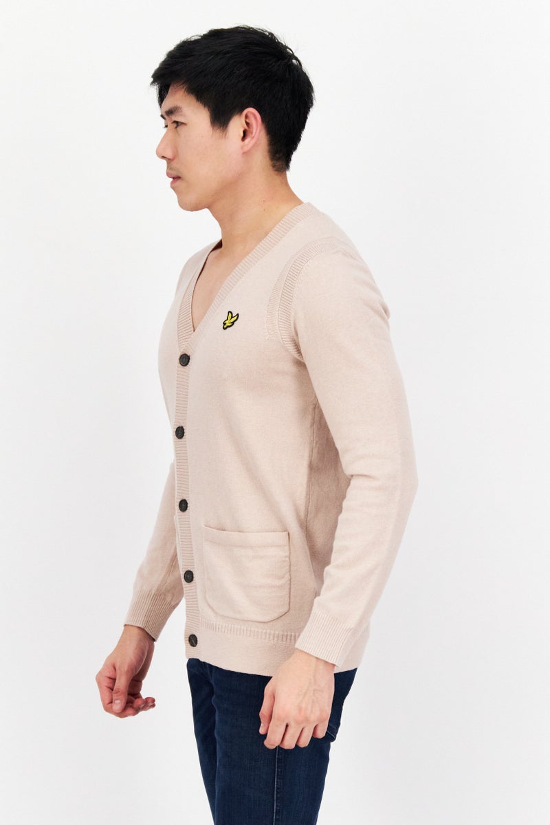 Lyle & Scott Men V-Neck Long Sleeve Embroidered Logo Knitted Cardigan, Beige  - Image 2