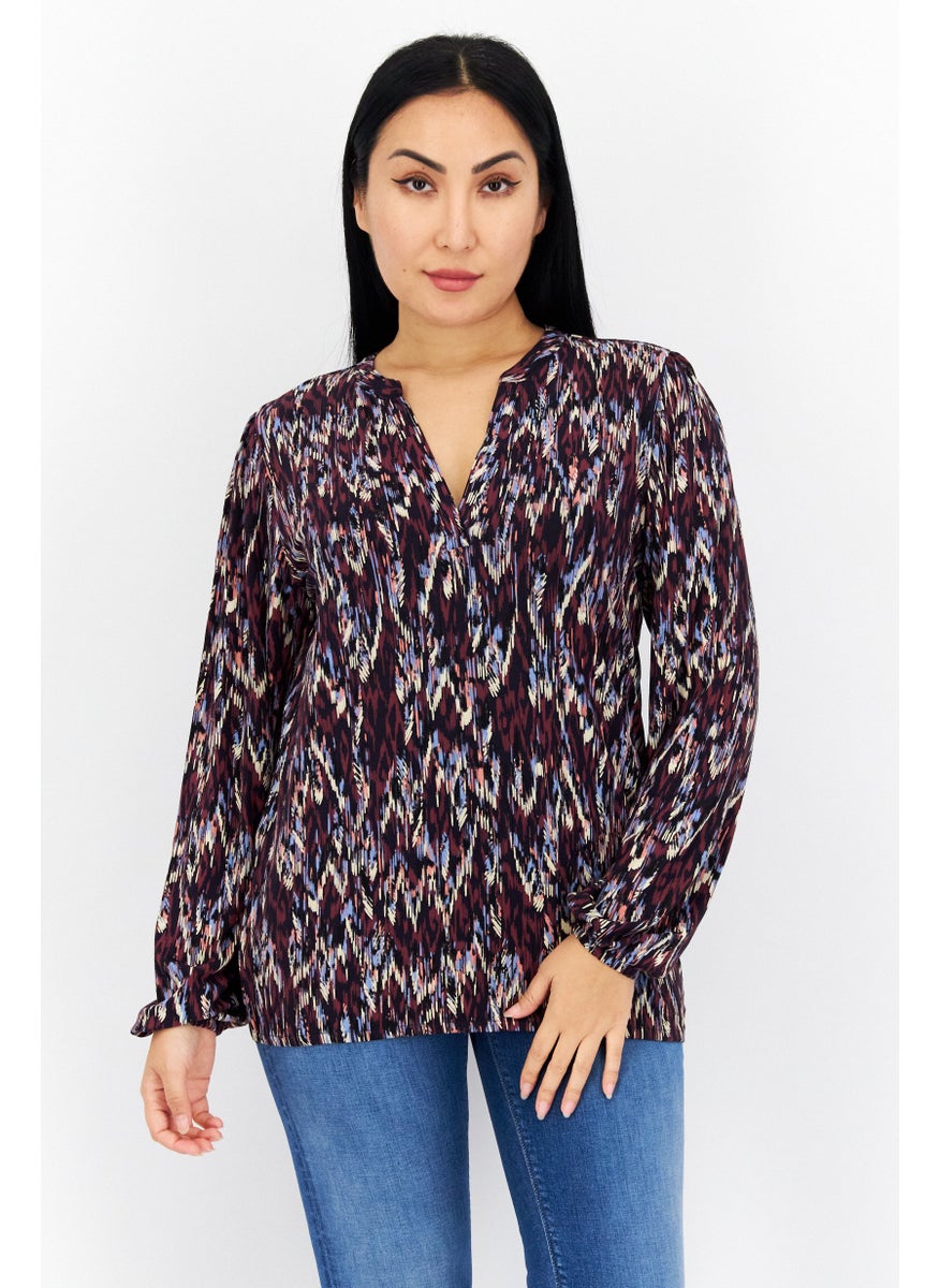 s.Oliver Women V-Neck Long Sleeve Allover Print Blouse, Navy  - Image 1