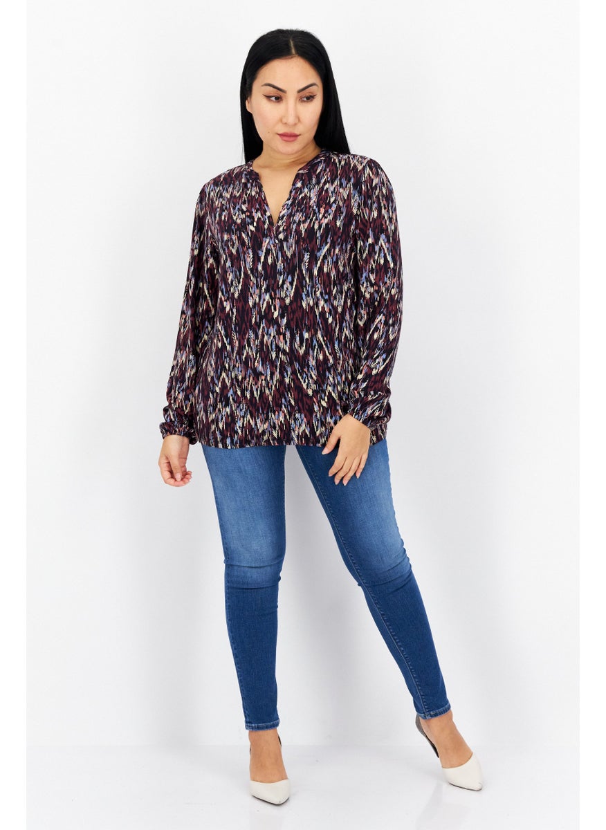 s.Oliver Women V-Neck Long Sleeve Allover Print Blouse, Navy  - Image 4