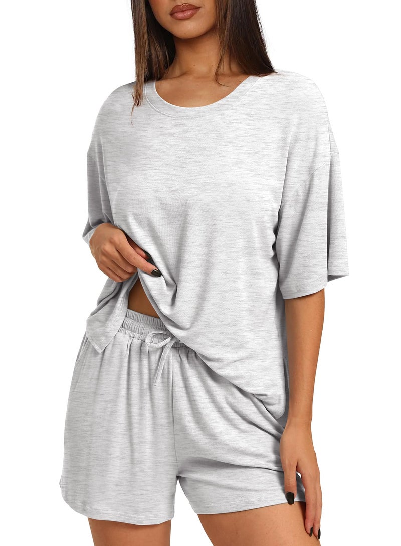 Darong Women's Casual Summer 2 Piece Sets Short Sleeve Tshirt and Shorts Matching Sweatsuits Lounge Set 2025 9121 White Grey XXL - Image 3