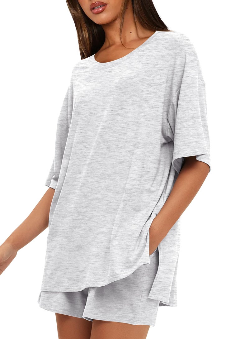 Darong Women's Casual Summer 2 Piece Sets Short Sleeve Tshirt and Shorts Matching Sweatsuits Lounge Set 2025 9121 White Grey XXL - Image 1