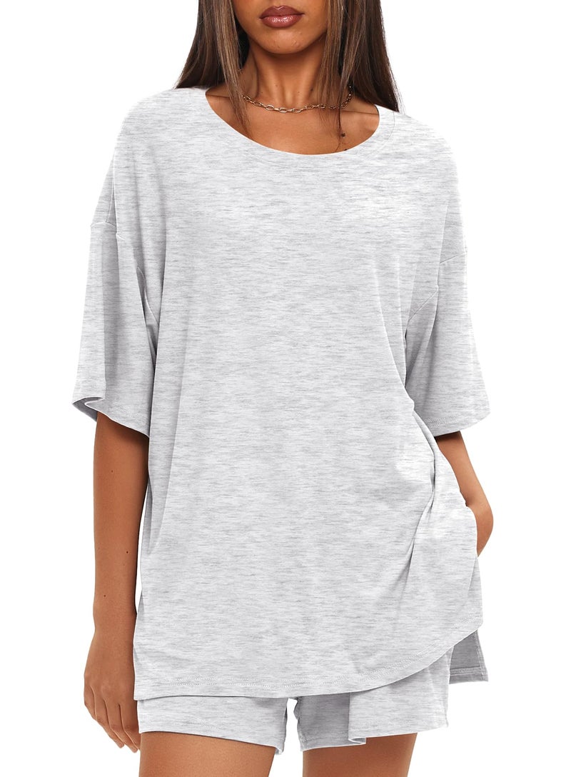 Darong Women's Casual Summer 2 Piece Sets Short Sleeve Tshirt and Shorts Matching Sweatsuits Lounge Set 2025 9121 White Grey XXL - Image 2