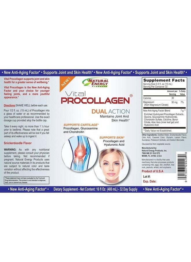 Natural Energy - Vital Procollagen - Liquid Hydrolyzed Collagen Protein with Hyaluronic Acid and Glucosamine Chondroitin Sulfate Anti-Aging Factor for Men and Women 16oz |New Snickerdoodle Flavor| - Image 1