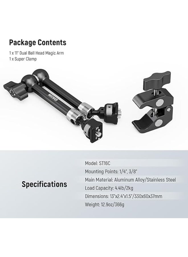 NEEWER 11" Articulating Magic Arm Clamp Mount with Super Clamp, Camera Monitor Mount with 1/4" 3/8" ARRI Locating Pins & Holes for DSLR Action Camera Video Light Compatible with SmallRig Cage, ST16C - Image 2
