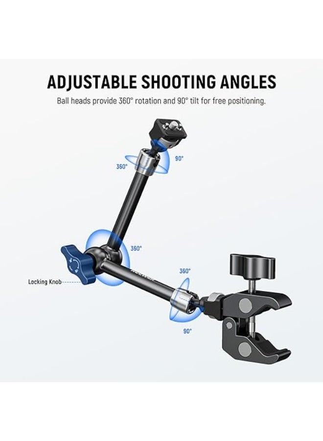 NEEWER 11" Articulating Magic Arm Clamp Mount with Super Clamp, Camera Monitor Mount with 1/4" 3/8" ARRI Locating Pins & Holes for DSLR Action Camera Video Light Compatible with SmallRig Cage, ST16C - Image 5
