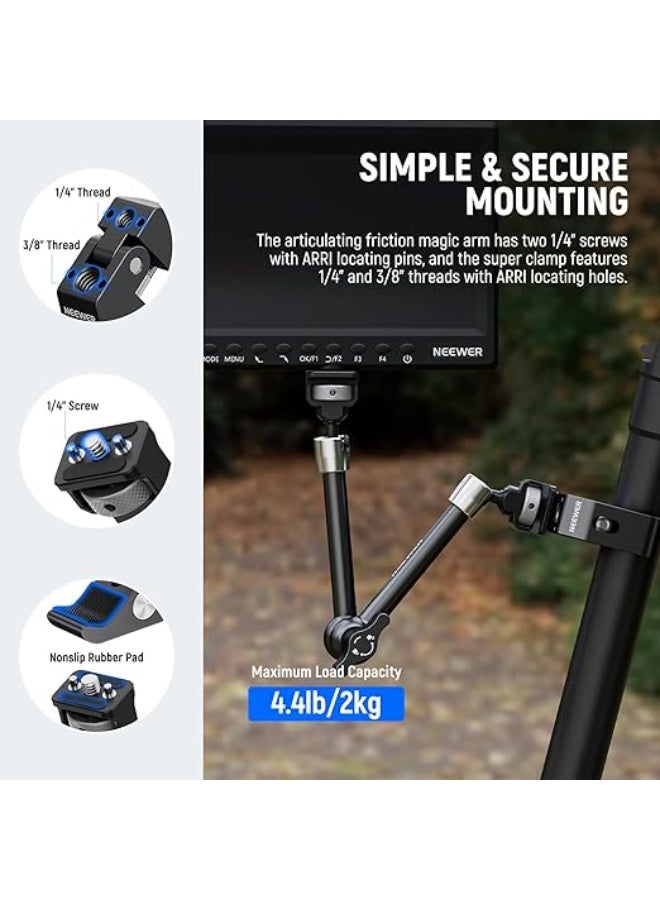 NEEWER 11" Articulating Magic Arm Clamp Mount with Super Clamp, Camera Monitor Mount with 1/4" 3/8" ARRI Locating Pins & Holes for DSLR Action Camera Video Light Compatible with SmallRig Cage, ST16C - Image 4