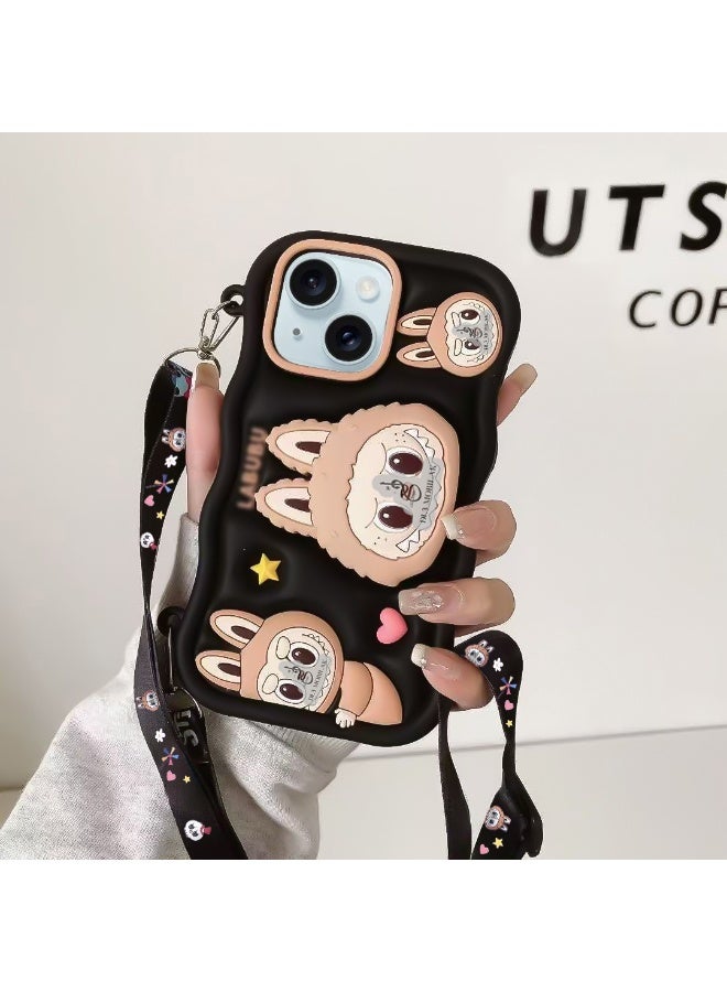 Case 3D Cute Silicone Cover with 3D Stand and Kawaii Shoulder Strap, Kids Girls Soft Funny Shockproof TPU Case With Lanyard For iPhone 13/14/15 6.1 Inch (Black)