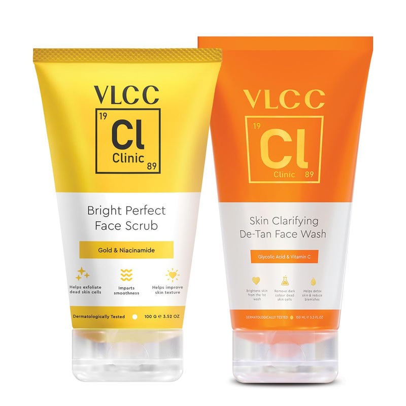 VLCC مجموعة VLCC كلينك لتفتيح البشرة وإزالة السمرة | غسول الوجه المنقي من السمرة - 150 مل مع حمض الجليكوليك + مقشر الوجه برايت بيرفكت - 100 جرام مع الذهب الغروي - Image 1