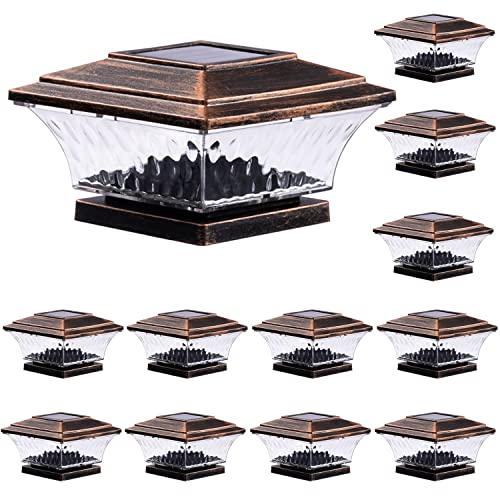 HUYIENO Solar Post Cap Lights Outdoor LED Lighting Deck Fence Cap Light Two Light Modes Warm White/Bright White Suitable for 4x4 Wooden Posts (Brushed Copper, 12pk) - Image 1