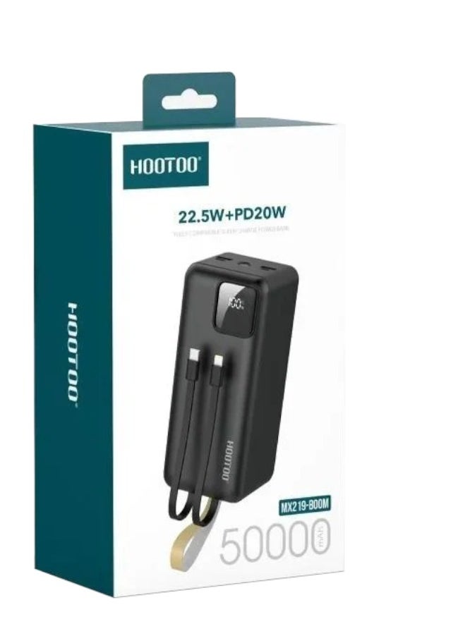 Power bank with 50000mAh capacity featuring three output ports two USB A and one USB C with Micro USB input built in dual charging cables digital display supports fast charging up to 22.5W includes LED flashlight and integrated carrying strap black color digital screen to display battery percentage black portable charger type C charger wireless charger wireless power bank compact power bank powerful power bank power bank joy wireless charger for watch power bank for smartwatch wireless charger for earbuds earbud power bank