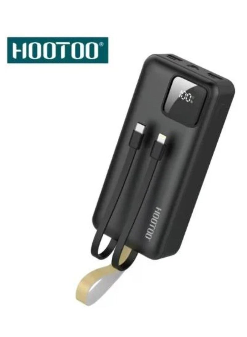 هوتو باور بنك بسعة 30000mAh بثلاث مخارج أثنان من النوع USB-A ومخرج من النوع USB-C ومدخل شحن مايكرو ,كبلان مدمجان ,شاشة عرض رقمية ,دعم لشحن السريع بقوة 22.5 واط مع أضاء فلاش LED ,وحزام مدمج لحمله. أسود شاشة رقمية لعرض نسبة الشحن. شاحن متنقل اسود ، شاحن تايب سي، شاحن لاسلكي، باور بانك لاسلكي، باور بانك صغير الحجم، باور بانك قوي، باور بانك جوي، شاحن لاسلكي للساعة، باور بانك للساعة الذكية، شاحن لاسلكي للسماعة، باور بانك للسماعات اللاسلكية - Image 1