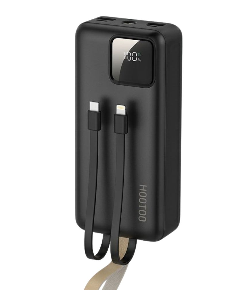 هوتو باور بنك بسعة 30000mAh بثلاث مخارج أثنان من النوع USB-A ومخرج من النوع USB-C ومدخل شحن مايكرو ,كبلان مدمجان ,شاشة عرض رقمية ,دعم لشحن السريع بقوة 22.5 واط مع أضاء فلاش LED ,وحزام مدمج لحمله. أسود شاشة رقمية لعرض نسبة الشحن. شاحن متنقل اسود ، شاحن تايب سي، شاحن لاسلكي، باور بانك لاسلكي، باور بانك صغير الحجم، باور بانك قوي، باور بانك جوي، شاحن لاسلكي للساعة، باور بانك للساعة الذكية، شاحن لاسلكي للسماعة، باور بانك للسماعات اللاسلكية - Image 3