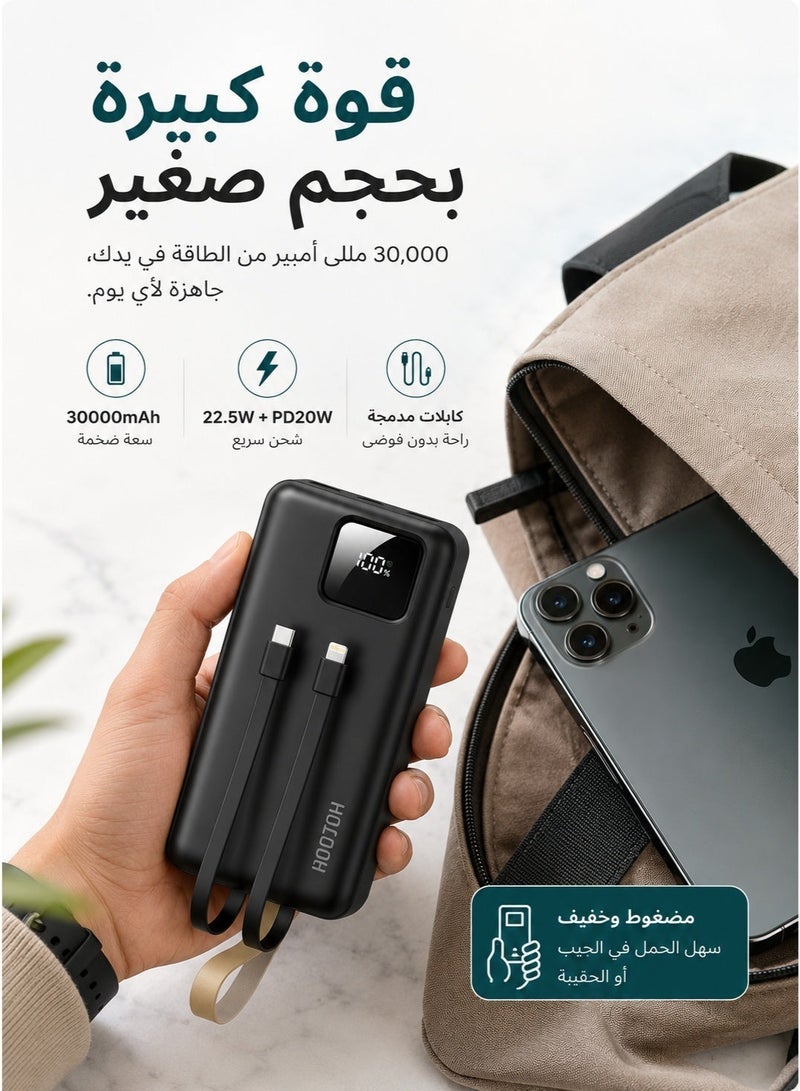 HooToo Power bank with 30000mAh capacity featuring three output ports two USB A and one USB C with Micro USB input built in dual charging cables digital display supports fast charging up to 22.5W includes LED flashlight and integrated carrying strap black color digital screen to display battery percentage black portable charger type C charger wireless charger wireless power bank compact power bank powerful power bank power bank joy wireless charger for watch power bank for smartwatch wireless charger for earbuds earbud power bank - Image 4