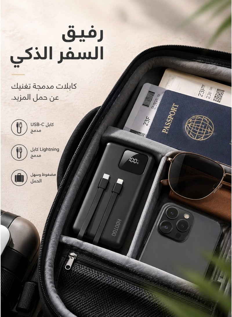 HooToo Power bank with 30000mAh capacity featuring three output ports two USB A and one USB C with Micro USB input built in dual charging cables digital display supports fast charging up to 22.5W includes LED flashlight and integrated carrying strap black color digital screen to display battery percentage black portable charger type C charger wireless charger wireless power bank compact power bank powerful power bank power bank joy wireless charger for watch power bank for smartwatch wireless charger for earbuds earbud power bank - Image 3
