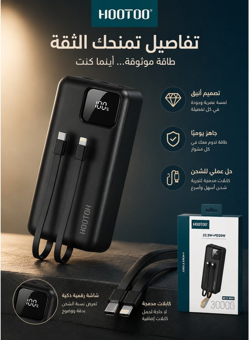 HooToo Power bank with 30000mAh capacity featuring three output ports two USB A and one USB C with Micro USB input built in dual charging cables digital display supports fast charging up to 22.5W includes LED flashlight and integrated carrying strap black color digital screen to display battery percentage black portable charger type C charger wireless charger wireless power bank compact power bank powerful power bank power bank joy wireless charger for watch power bank for smartwatch wireless charger for earbuds earbud power bank - Image 5
