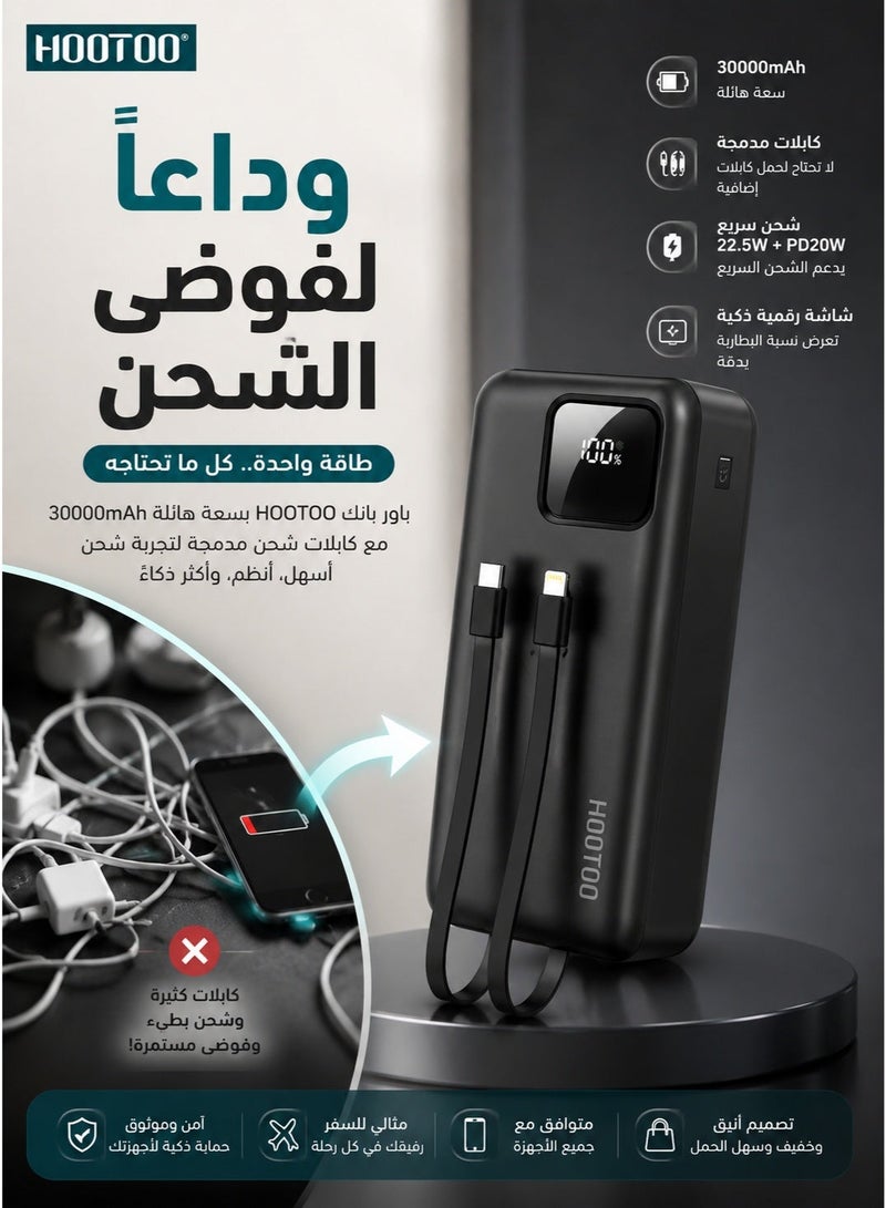 HooToo Power bank with 30000mAh capacity featuring three output ports two USB A and one USB C with Micro USB input built in dual charging cables digital display supports fast charging up to 22.5W includes LED flashlight and integrated carrying strap black color digital screen to display battery percentage black portable charger type C charger wireless charger wireless power bank compact power bank powerful power bank power bank joy wireless charger for watch power bank for smartwatch wireless charger for earbuds earbud power bank - Image 2