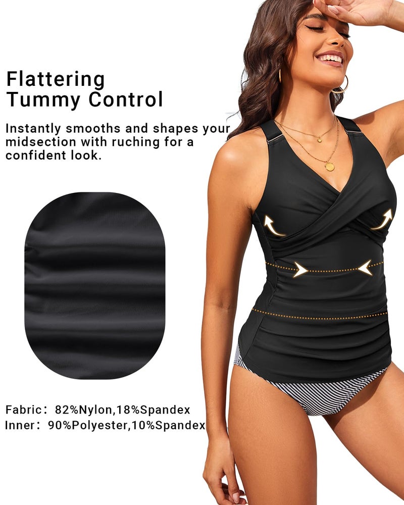 Daci Black Women's Tankini Top Only - Tummy Control Twist Front Swim Top Athletic Cross Back Supportive Bathing Suit 2026 L - Image 4