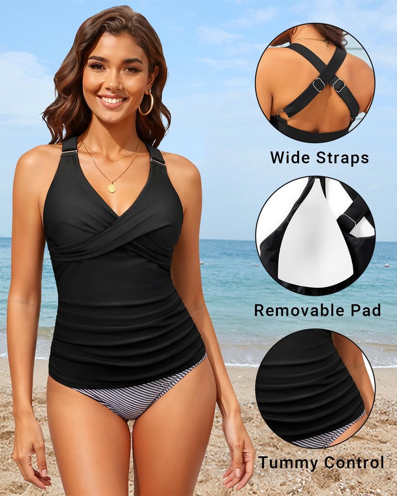 Daci Black Women's Tankini Top Only - Tummy Control Twist Front Swim Top Athletic Cross Back Supportive Bathing Suit 2026 L - Image 3