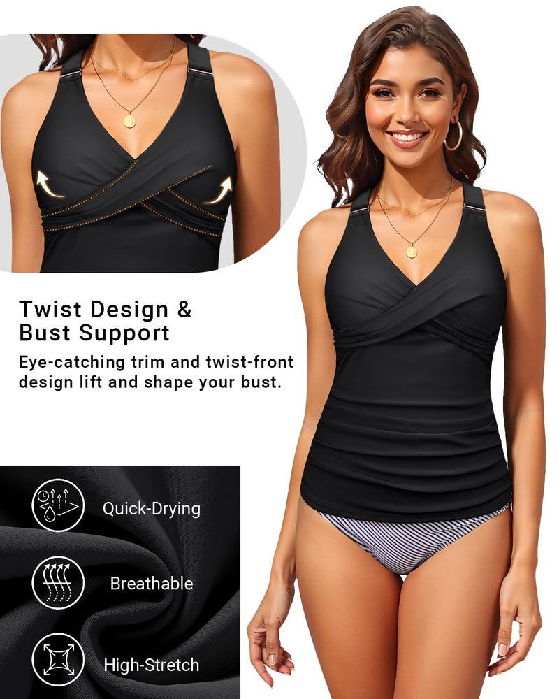 Daci Black Women's Tankini Top Only - Tummy Control Twist Front Swim Top Athletic Cross Back Supportive Bathing Suit 2026 L - Image 5