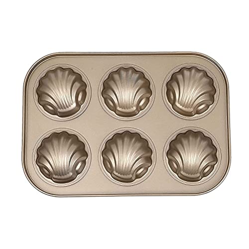 Zeinwap Stainless Steel Cake Mould Muffin 6-Cavity Madeleines Cake Baking Pans Tray Shell Shaped Mold Nonstick (1Pc,Gold) (Shell Shape Round) - Image 1