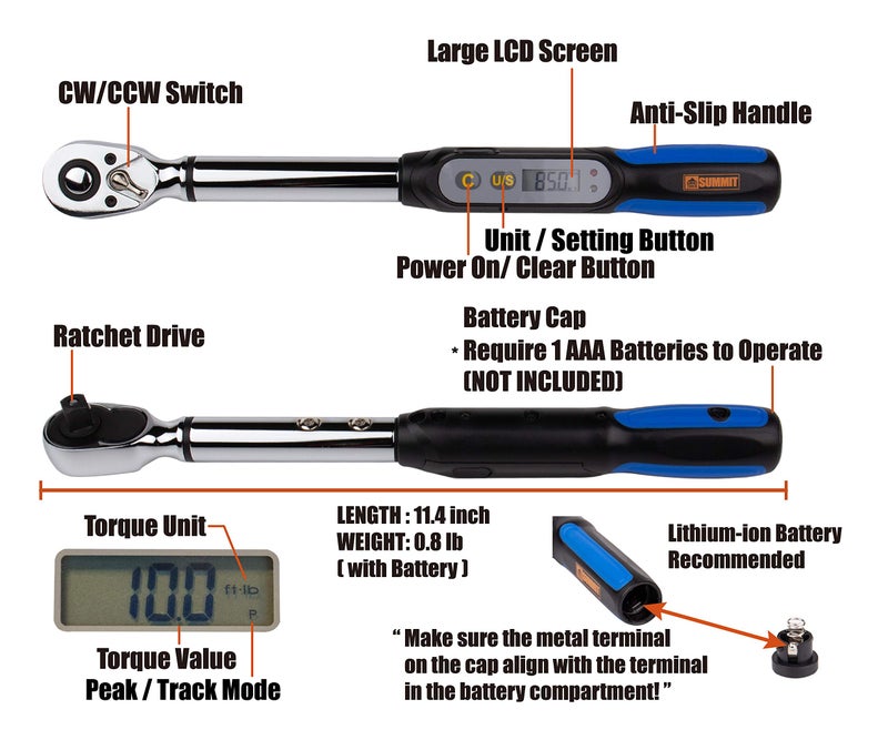 Summit Tools 3/8 inch Digital Torque Wrench, 2.2-62.7 ft-lbs Torque Range, Compact Size, Socket Set, Measure Peak Torque, Calibrated (DPS3-085CN-S) - Image 3