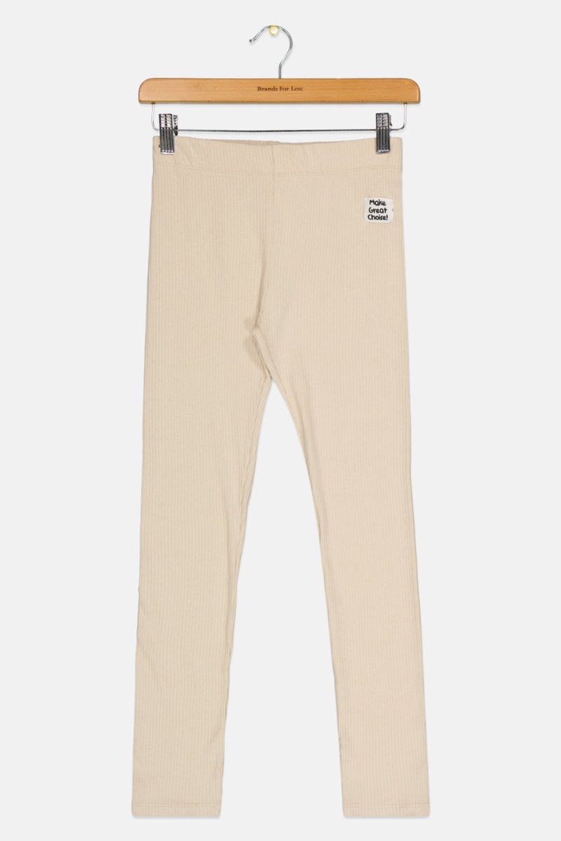 KOTON Kids Girl Ribbed Pull On Leggings, Beige - Image 2