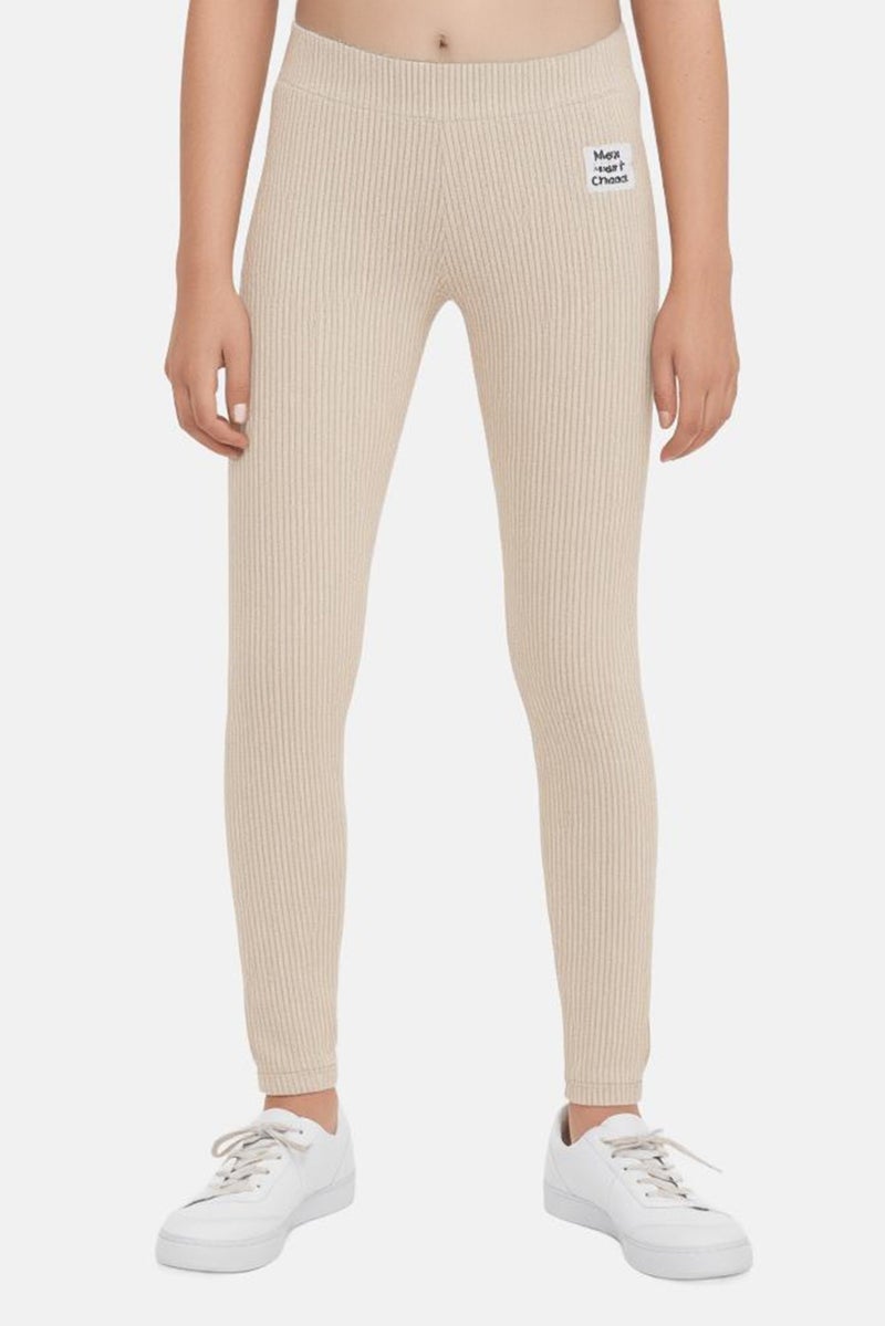 KOTON Kids Girl Ribbed Pull On Leggings, Beige - Image 1