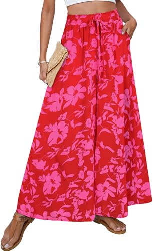 SimpleFun Flowy Pants for Women Boho Palazzo Pants Elastic Waisted Beach Trousers Wide Leg Style Floral Red S - Image 1