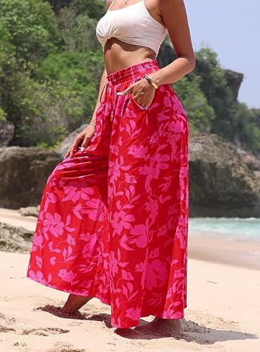 SimpleFun Flowy Pants for Women Boho Palazzo Pants Elastic Waisted Beach Trousers Wide Leg Style Floral Red S - Image 3