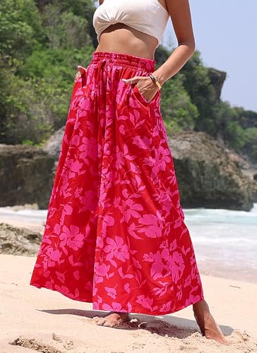 SimpleFun Flowy Pants for Women Boho Palazzo Pants Elastic Waisted Beach Trousers Wide Leg Style Floral Red S - Image 2