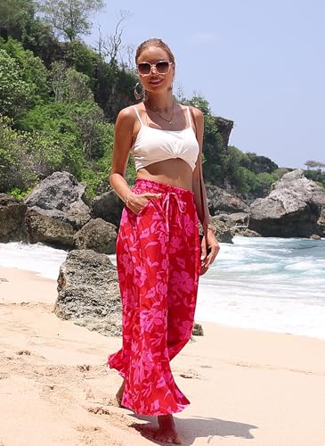 SimpleFun Flowy Pants for Women Boho Palazzo Pants Elastic Waisted Beach Trousers Wide Leg Style Floral Red S - Image 4