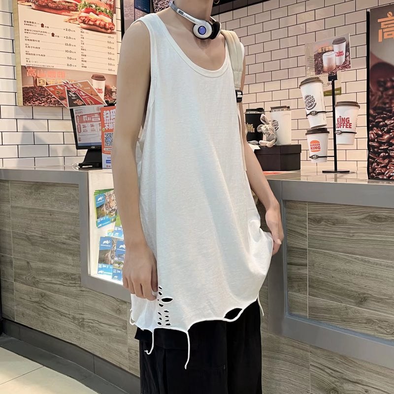 Sleeveless T-Shirt For Men, Ins Style Ripped Tank Top, Camisole, Korean Version Trendy Sports Inner Layer Base Shirt, Trendy Brand Personality - Image 1