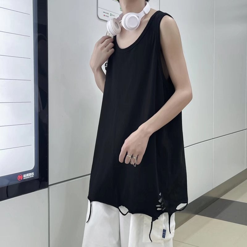 Sleeveless T-Shirt For Men, Ins Style Ripped Tank Top, Camisole, Korean Version Trendy Sports Inner Layer Base Shirt, Trendy Brand Personality - Image 3