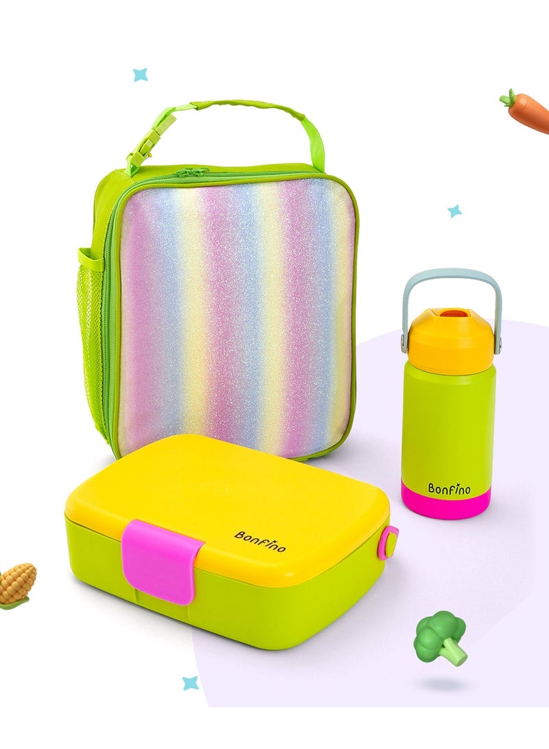 Bonfino Lunch Box with Bottle and Lunch Bag, Leak-Resistant, Multi-Material Build, Durable, 3 Years+, Yellow and Green - 3 Pieces - Image 1