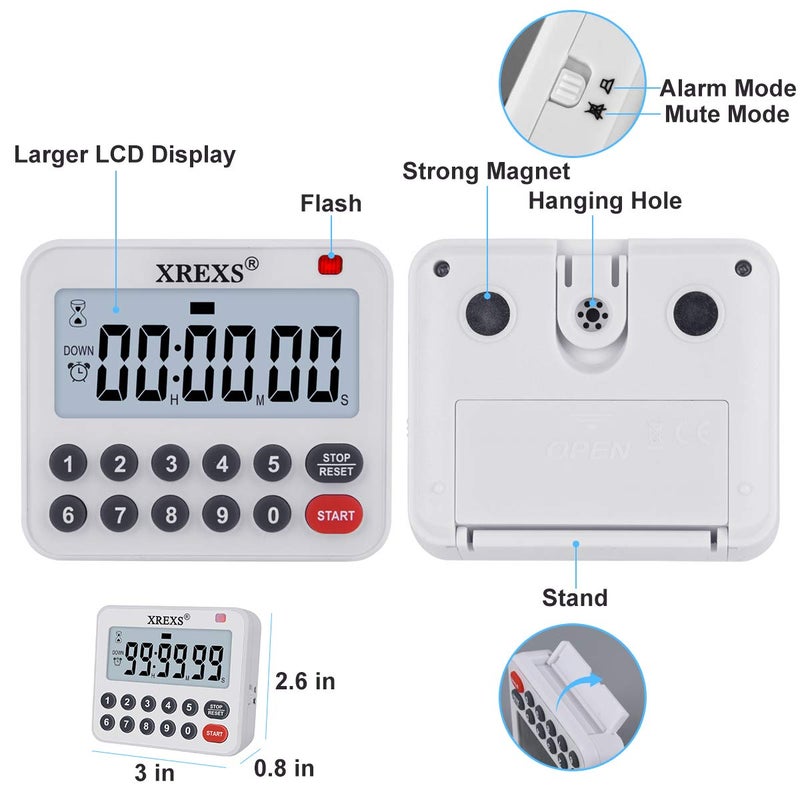XREXS Digital Kitchen Timer Magnetic Countdown Up Cooking Timer Loud Alarm and Mute Optional, Magnet and Stand, Large Display Classroom Timer for Teachers (2 Batteries Included) Upgraded Version - Image 4