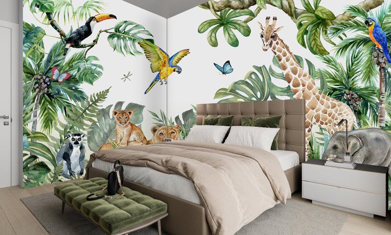 MFWFM Safari Wallpaper for Children with Animals Jungle Wall Mural Watercolor Animals Nursery Wallpaper Kids Room Decor(Not Peel n' Stick) - Image 1