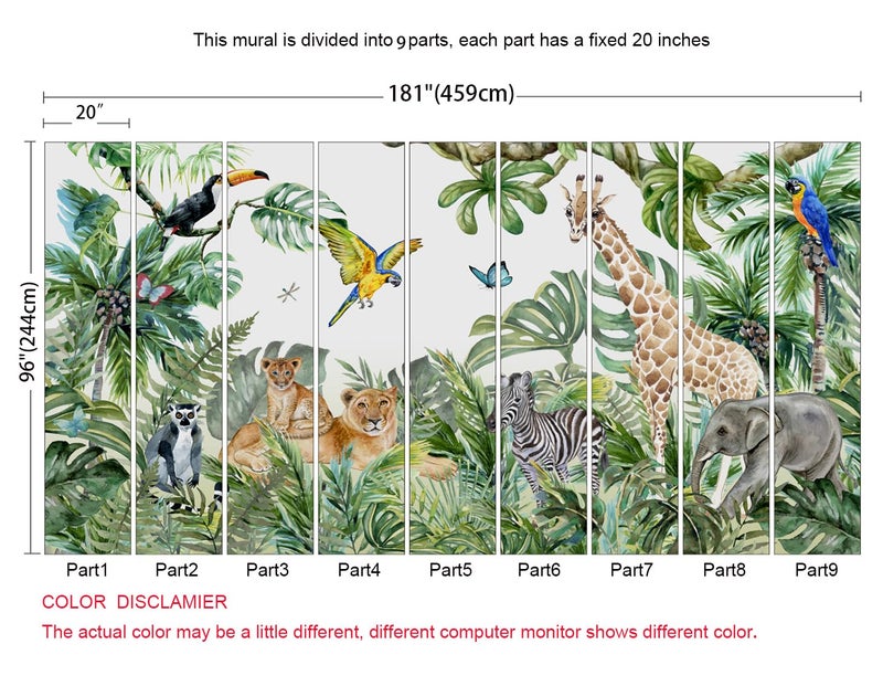 MFWFM Safari Wallpaper for Children with Animals Jungle Wall Mural Watercolor Animals Nursery Wallpaper Kids Room Decor(Not Peel n' Stick) - Image 5