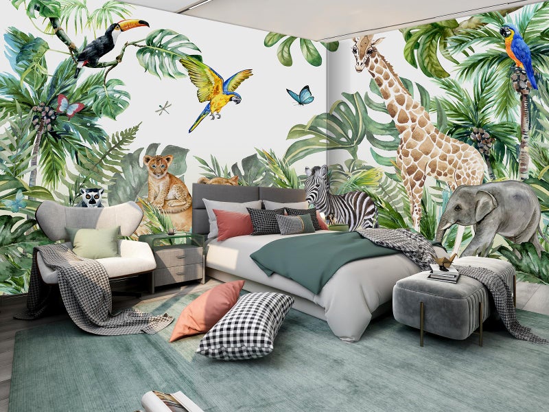 MFWFM Safari Wallpaper for Children with Animals Jungle Wall Mural Watercolor Animals Nursery Wallpaper Kids Room Decor(Not Peel n' Stick) - Image 3