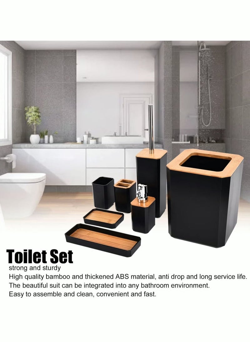 Ailily 7Pcs Black Bamboo Bathroom Accessories Set Toilet Toothbrush Holder Set Bamboo Soap Box Toothbrush Trash Bin Kit Bamboo Bath Accessories for Home Hotel - Image 4