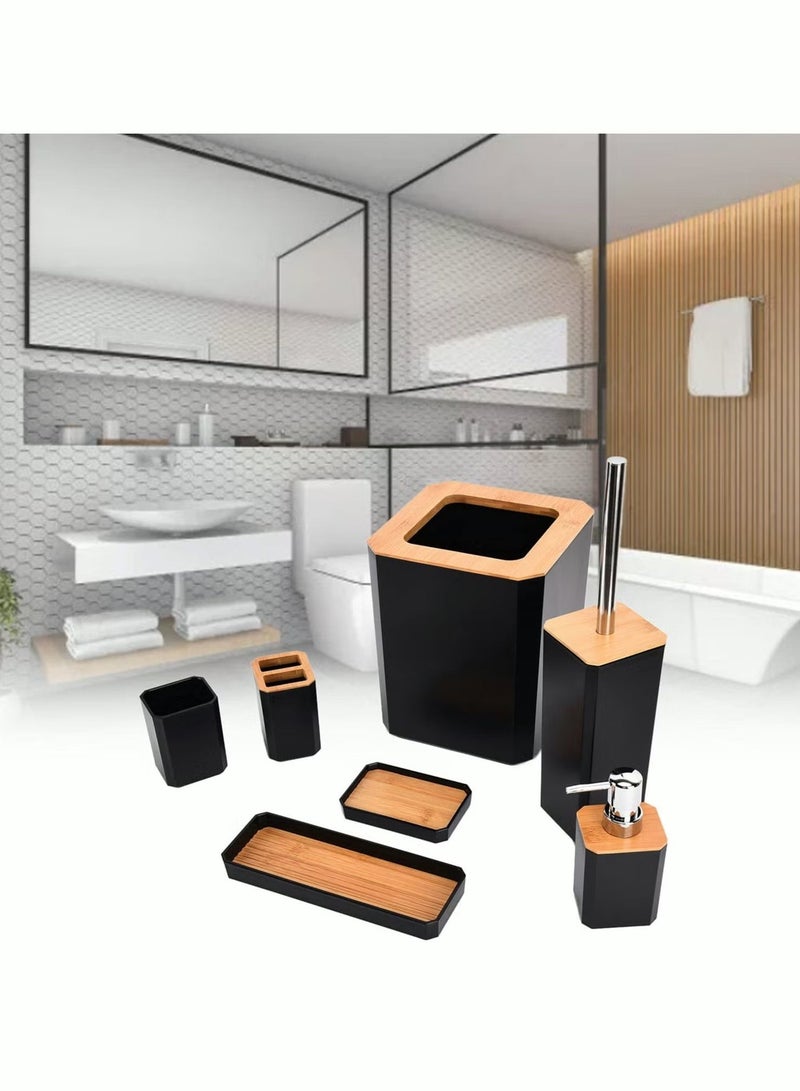 Ailily 7Pcs Black Bamboo Bathroom Accessories Set Toilet Toothbrush Holder Set Bamboo Soap Box Toothbrush Trash Bin Kit Bamboo Bath Accessories for Home Hotel - Image 3