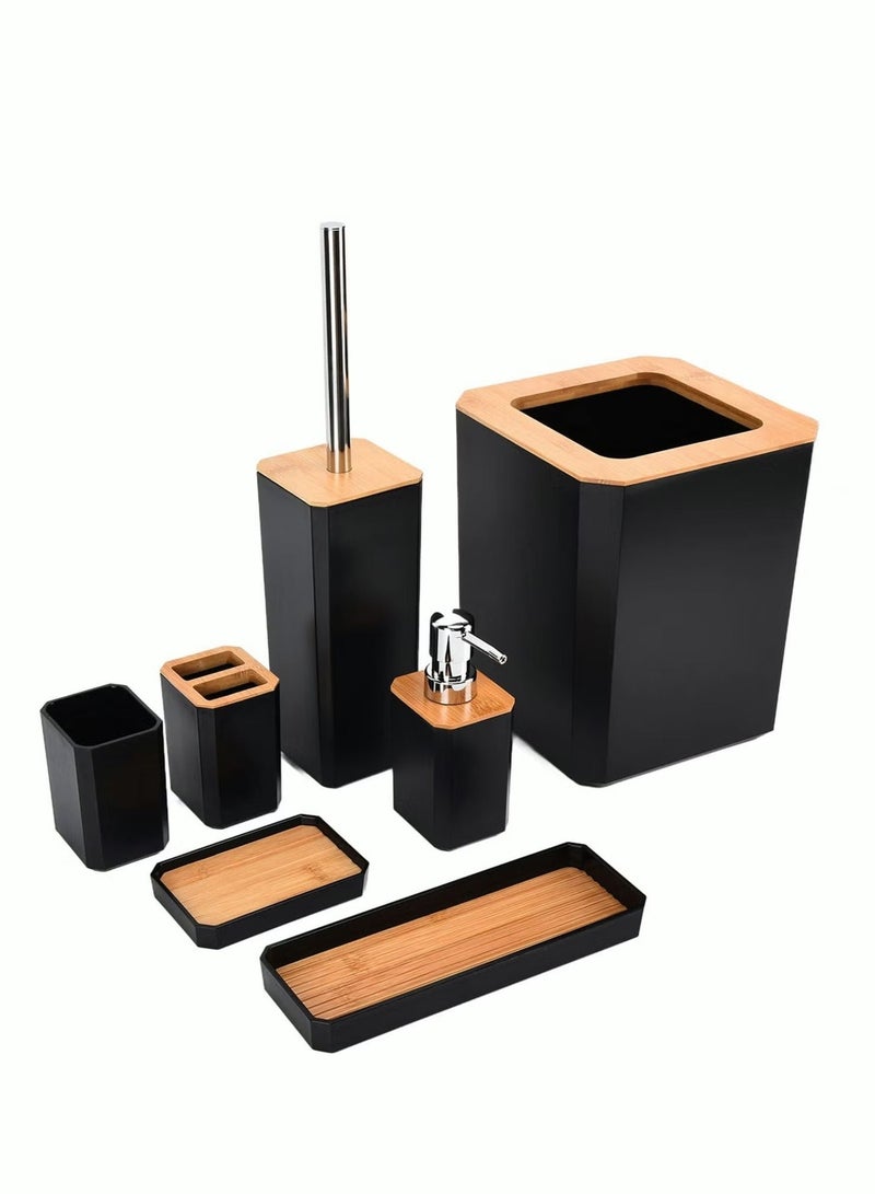 Ailily 7Pcs Black Bamboo Bathroom Accessories Set Toilet Toothbrush Holder Set Bamboo Soap Box Toothbrush Trash Bin Kit Bamboo Bath Accessories for Home Hotel - Image 5
