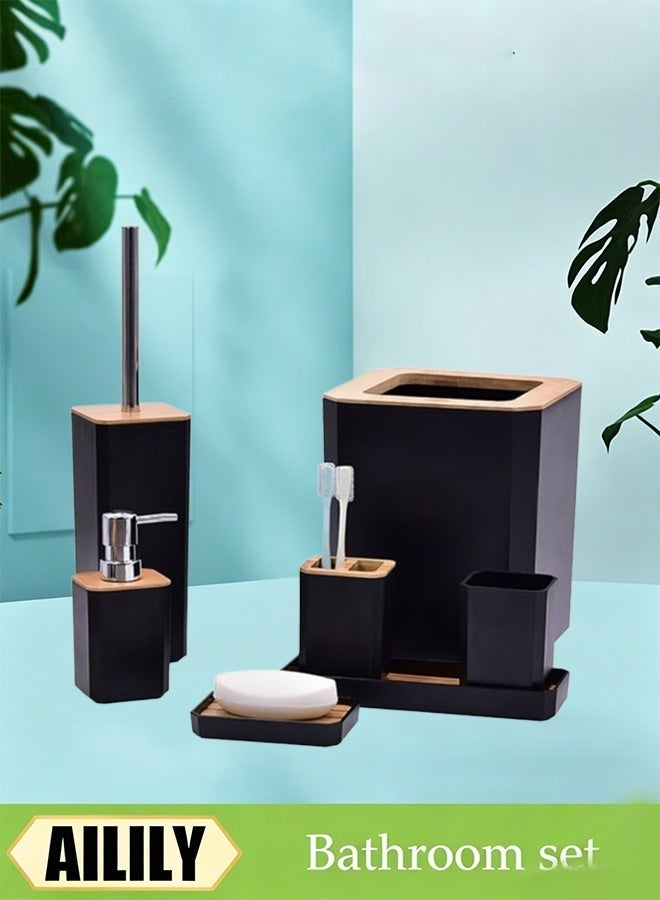 Ailily 7Pcs Black Bamboo Bathroom Accessories Set Toilet Toothbrush Holder Set Bamboo Soap Box Toothbrush Trash Bin Kit Bamboo Bath Accessories for Home Hotel - Image 1