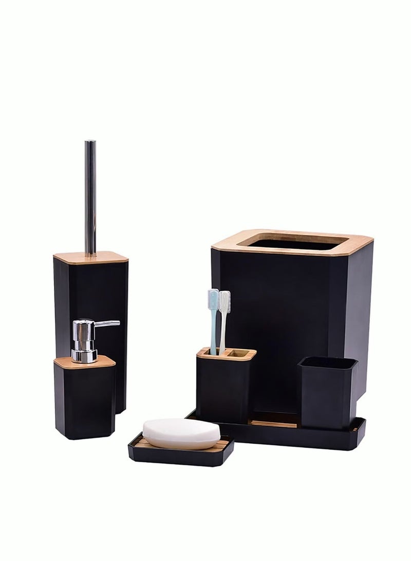 Ailily 7Pcs Black Bamboo Bathroom Accessories Set Toilet Toothbrush Holder Set Bamboo Soap Box Toothbrush Trash Bin Kit Bamboo Bath Accessories for Home Hotel - Image 2