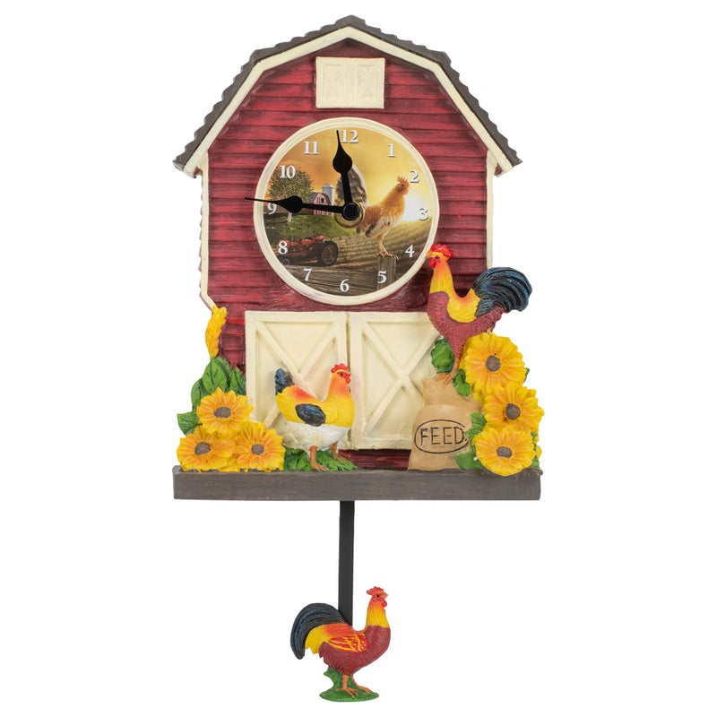 Mark Feldstein Associates Farm Rooster Pendulum Rustic Floral 15 inch Resin Stone Wall and Tabletop Clock